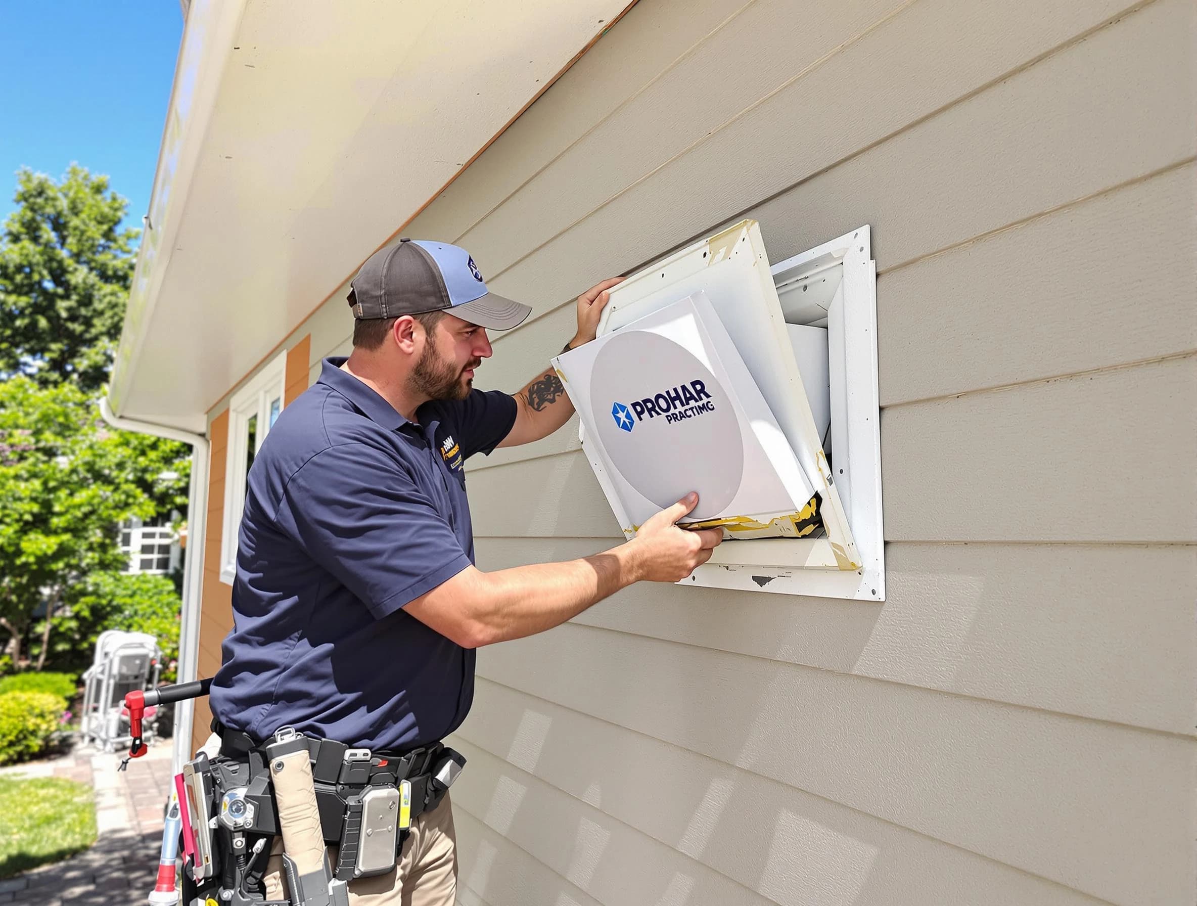 Wellesley Dryer Vent Cleaning technician installing a new protective dryer vent cover on a home in Wellesley
