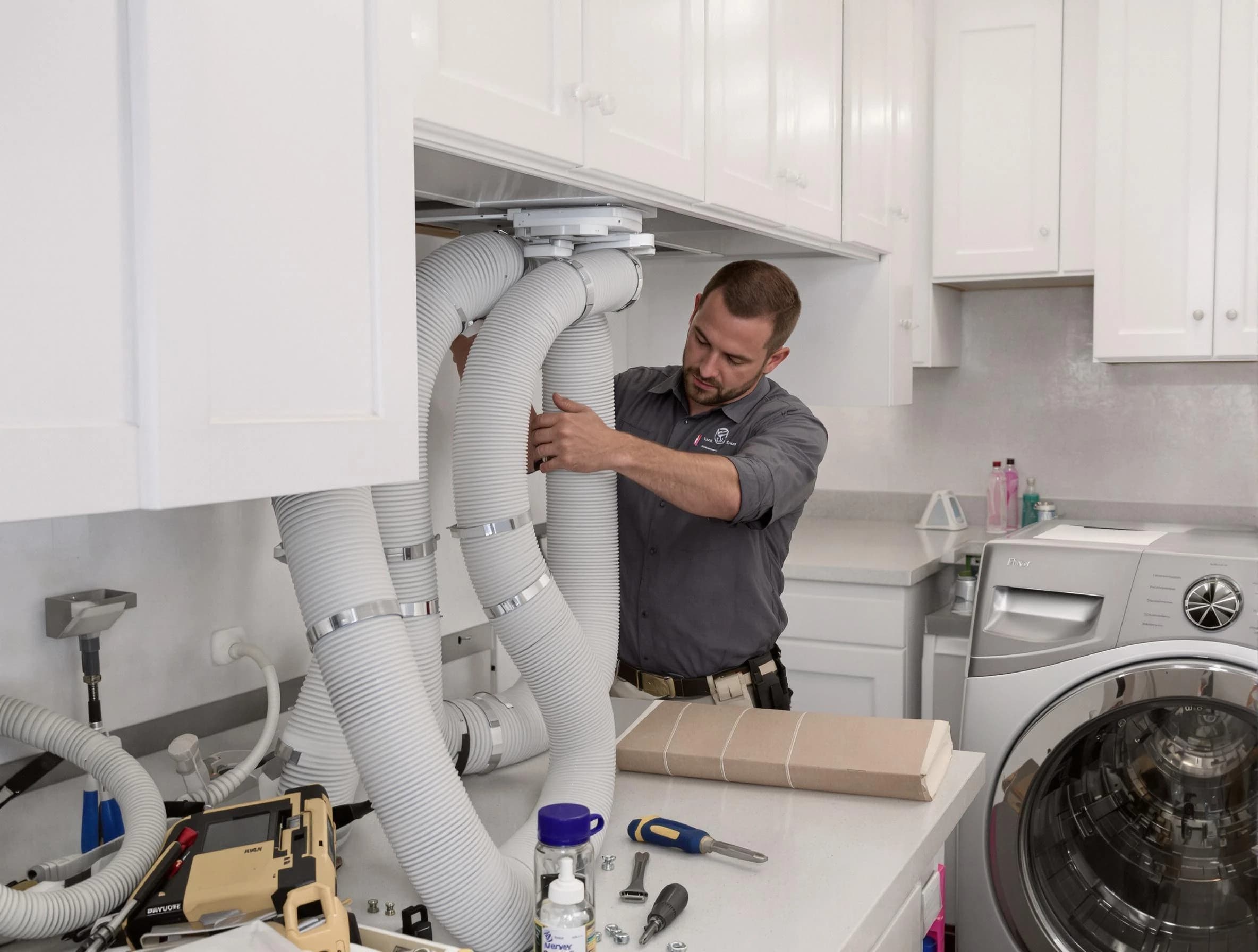 Wellesley Dryer Vent Cleaning technician installing a new professional-grade dryer vent hose in Wellesley