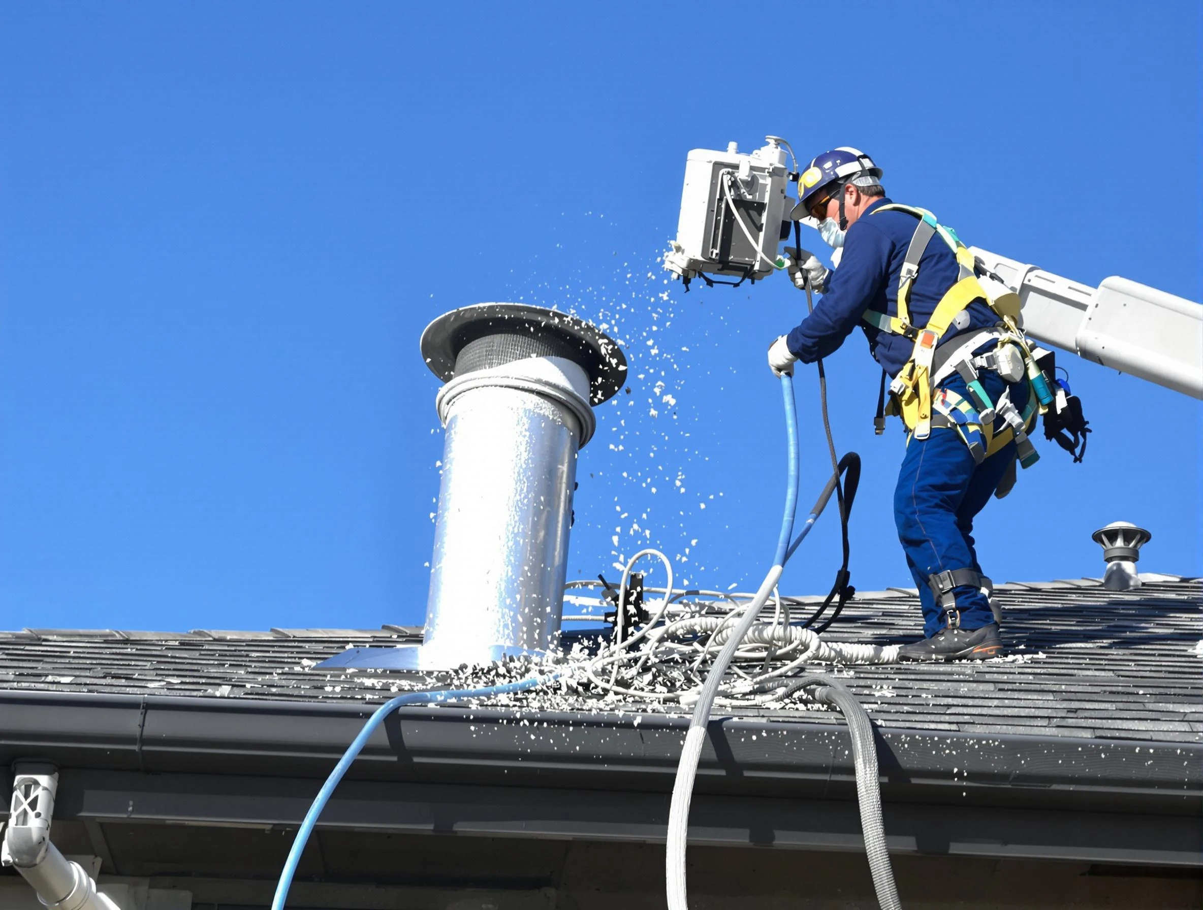 Wellesley Dryer Vent Cleaning certified technician safely cleaning a roof-mounted dryer vent in Wellesley